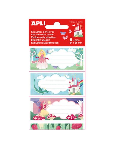 Apli - Etiquettes Adhésives École Princesse - Taille 81x36mm - 9 Etiquettes en 3 Feuilles - Adhésif Permanent de Haute Qualité -