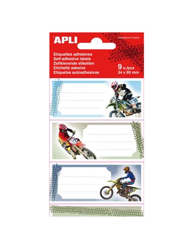 Apli - Etiquettes Adhésives Moto Ecole - Taille 81x36mm - 9 Etiquettes (3 par Motif) - Adhésif Permanent Haute Qualité - Couleur