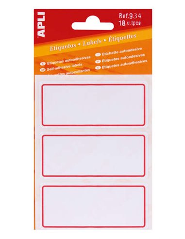 Apli - Étiquettes Adhésives Scolaires Basic - Taille 78x34 mm - Bordure Rouge - 6 Feuilles (18 Etiquettes) - Adhésif Permanent H