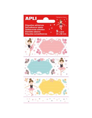 Apli - Etiquettes Adhésives École Ballerine - Taille 81x36mm - 9 Etiquettes (3 par Design) - Adhésif Permanent Haute Qualité - C