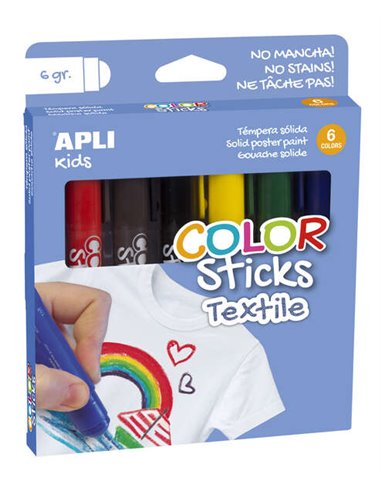 Apli - Bâtons de Couleur Textile - Pack de 6 Unités de 6g - Couleurs Assorties Résistant au Lavage - Séchage à l'Air en 12 Heure