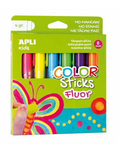 Apli - Bâtons de Couleur Fluorescents à Tempéra Solide - Paquet de 6 Unités de 6g - Finition Satinée sans Vernis - Séchage Rapid