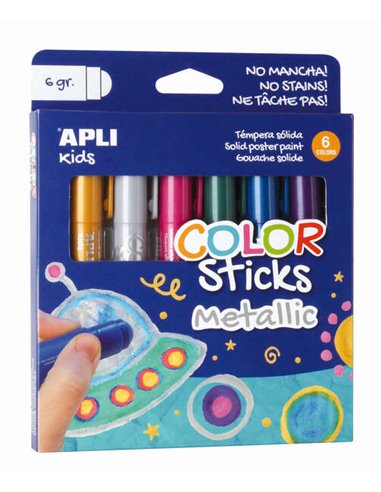 Apli - Bâtons de Couleur Solide Tempera - Pack de 6 Unités de 6g en Couleurs Métallisées - Finition Satinée sans Vernis - Séchag