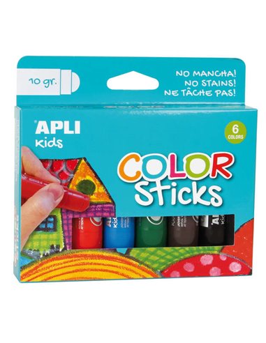 Apli - Bâtons de Couleur Solide Tempera - Paquet de 6 Unités de 10g - Finition Satinée sans Vernis - Séchage Rapide en Moins de 