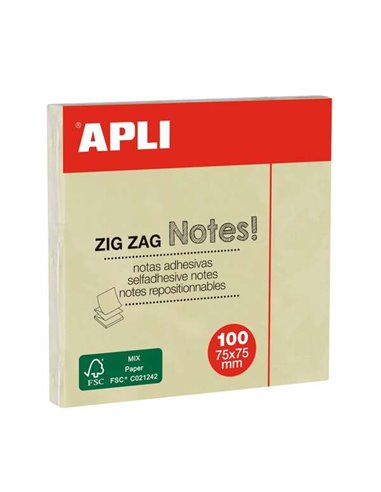 Apli - Bloc Classique de 100 Notes Autocollantes Zigzag 75 x 75 mm - Jaune