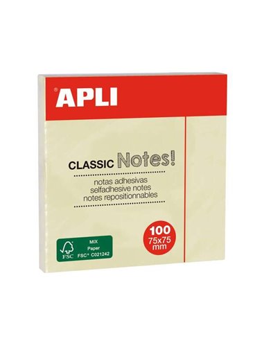 Apli - Bloc Classique de 100 Notes Autocollantes 75 x 75 mm - Jaune