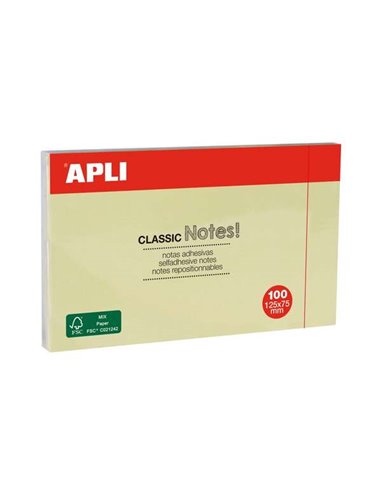 Apli - Bloc Classique de 100 Notes Autocollantes 125 x 75 mm - Jaune