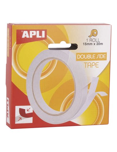 Apli - Ruban Adhésif Double Face 15mm x 20m - Facile à Couper et à Appliquer - Adhérence Forte et Durable - Transparent Transpar