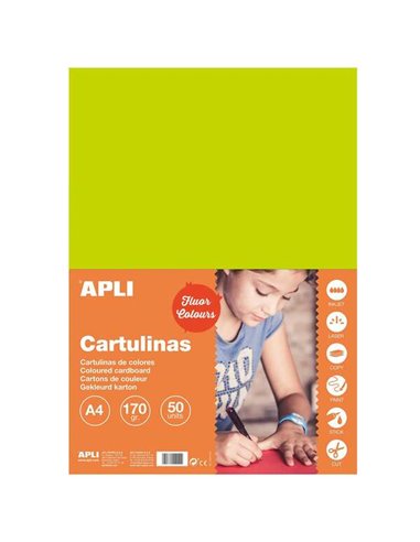 Apli - Papier Cartonné Vert Fluorescent A4 170g 50 Feuilles