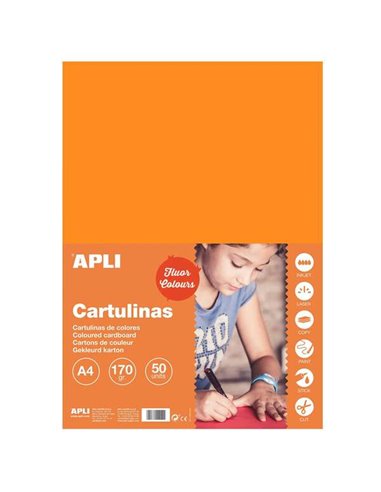 Apli - Papier Cartonné Orange Fluo A4 170g 50 Feuilles