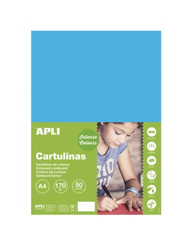 Apli - Papier Cartonné Bleu Moyen A4 170g 50 Feuilles