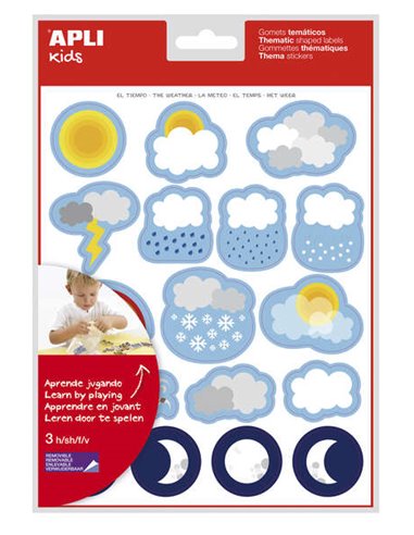 Apli - Sachet d'autocollants sur le thème de la météo - 51 autocollants en 3 feuilles - Adhésif amovible - Développé avec des éd