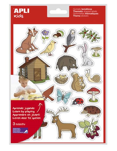 Apli - Sachet d'autocollants thème forêt - 69 autocollants en 3 feuilles - Illustrations pédagogiques d'animaux et d'objets de l