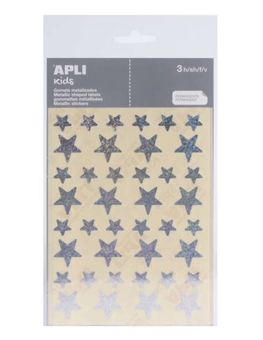 Apli - Sachet de Gomets Étoiles - 12,5 mm x 19,5 mm - Holographique avec Adhésif Permanent - 3 Feuilles et 120 Gomets - Conforme