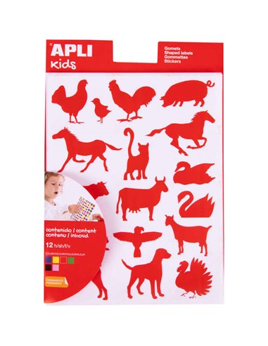 Apli - Sachet de Gomets adhésifs permanents en forme d'animaux de la ferme - 204 Gomets par sachet - Développe la psychomotricit