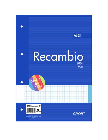 Ancor - Recharge de 100 Feuilles 90gr Format A4 Carré 4x4mm - 4 Trous - Bandes de Couleur