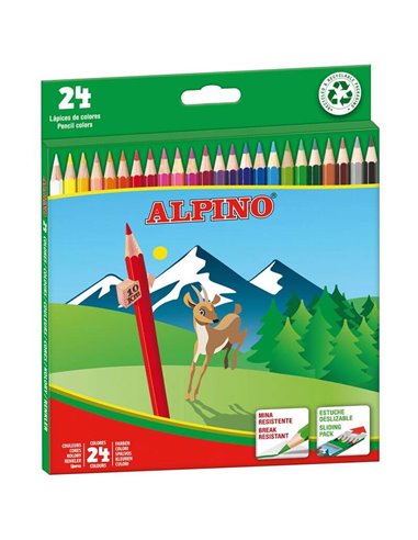 Alpino - Paquet de 24 Crayons de Couleur Hexagonaux - Mine 3 mm - Incassables - Plateau Amovible - Couleurs Assorties