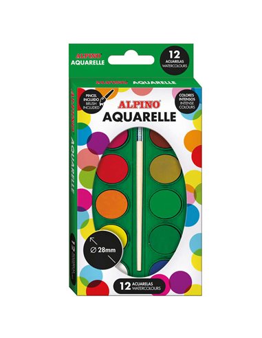 Alpino - Pack de 12 Aquarelles - Diamètre 28 mm - Couleurs Intenses - Pinceau Inclus - Couleurs Assorties