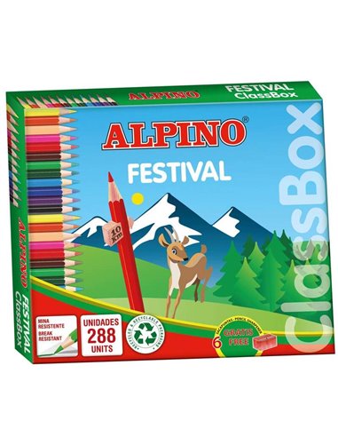 Alpino - Pack Festival de 288 Crayons de Couleur - Mine 3 mm - 12 Couleurs x 24 Unités - Idéal pour la Classe - Couleurs Assorti