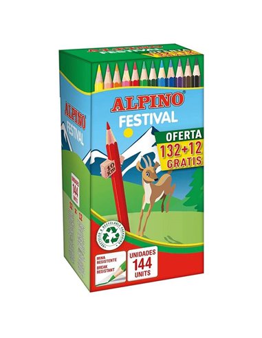 Alpino - Pack économique Festival de 144 crayons de couleur - Mine 3 mm - Idéal pour toute la classe - Couleurs assorties