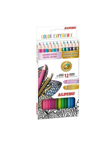 Alpino - Color Experience Pack de 12 Crayons de Couleur Premium aux Couleurs Pastel et Métallisées - Mine Premium pour Peinture 