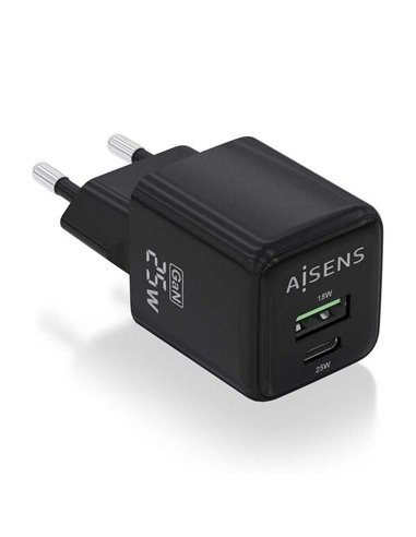 Aisens - Chargeur Gan 25W - 1xUSB-C PD3.0 QC4.0 - 1xUSB-A QC3.0 - Couleur Noir