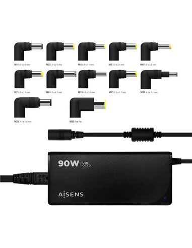 Aisens - Chargeur Multitension Universel Automatique pour Ordinateur Portable 90 W avec 12 Connecteurs + USB-A QC.3.0 - Noir