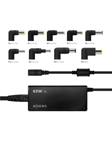 Aisens - Chargeur ordinateur portable multitension universel automatique 65 W avec 9 connecteurs + USB-A QC.3.0 - Noir