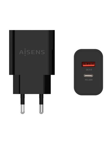 Aisens - Chargeur 20W - 1xUSB-C PD3.0 - 1xUSB-A QC3.0 - Couleur Noir