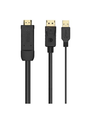 Aisens - Câble convertisseur actif HDMI 2.0 + USB POWER vers DisplayPort V1.2 - HDMI/M-USB/M-DP/M - 1,8M - Couleur Noir