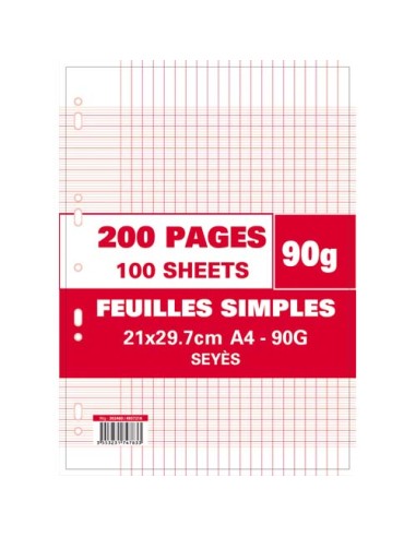 Sachet de 200 pages feuillets mobiles A4 grands carreaux 90g perforées