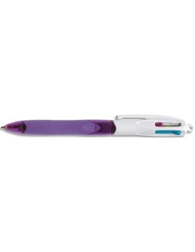 Stylo à bille 4 couleurs violet avec grip (turquoise, rose, violet, vert pomme) rétractable et rechargeable pointe moyenne 