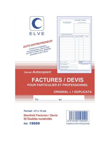 Manifold entrepreneur autocopiant factures / Devis format 210x140mm. 50 feuillets duplicata