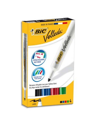 BIC Pochette de 4 marqueurs effaçables à sec pointe ogive encre cétone 4 couleurs assorties VELLEDA 1711