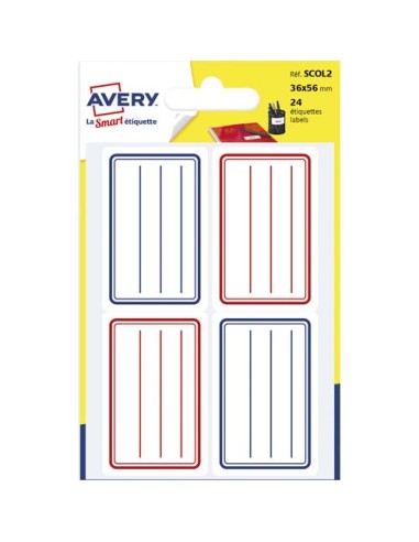 AVERY Sachet de 24 étiquettes scolaires lignées Bleu et Rouge 36 x 56 mm.