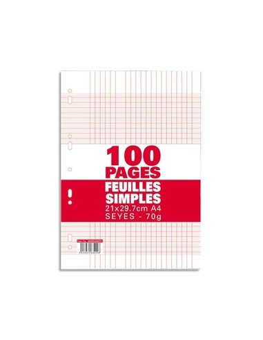 Sachet de 100 pages feuillets mobiles A4 grands carreaux 70g perforées