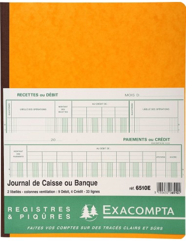 Piqûre 32x25cm - Journal de caisse ou banque 9 débit - 4 crédit 33 lignes 80 pages