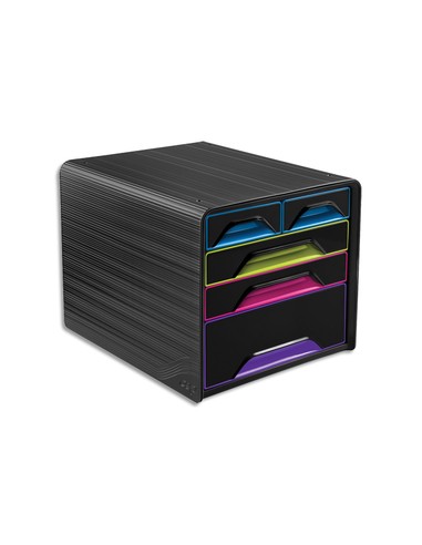 Module de classement SMOOVE Noir multicolore. 3 tiroirs 24 x 32 cm + 2 petits. L36 x H27.1 x P28.8 cm