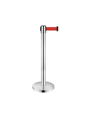 Poteau chromé H91 cm avec sangle rouge rétractable 2 mètres. en polypropylène et inox