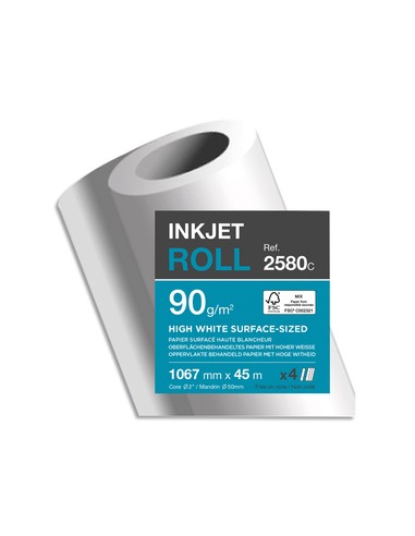 Bobine papier blanc CIE164 Surfacé 90g pour traceur 1.067mmx45m. Impression Jet d'encre