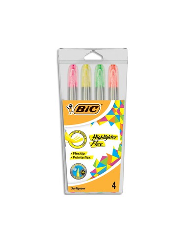 BIC Pochette de 4 surligneurs FLEX. Coloris  jaune, rose, orange et vert.