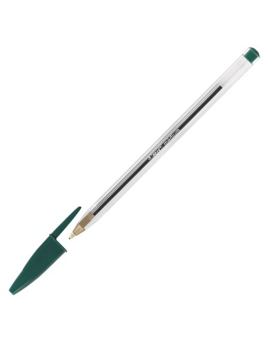 BIC Stylo à bille pointe moyenne encre verte corps plastique transparent à capuchon CRISTAL