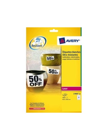 AVERY Boite de 420 etiquettes laser inalterables blanches 63,5x38,1 L7060-20