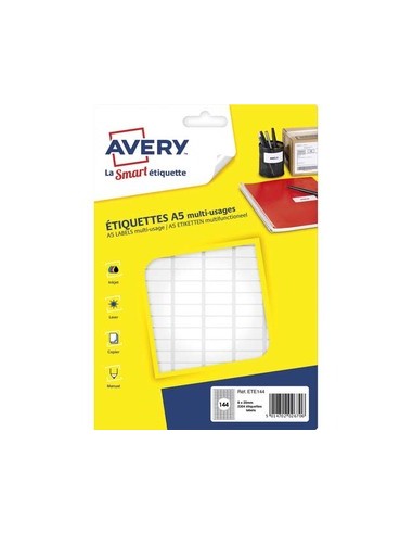 AVERY Sachet de 2304 étiquettes multi-usage blanches 8 x 20 mm. Planche format A5. ETE144