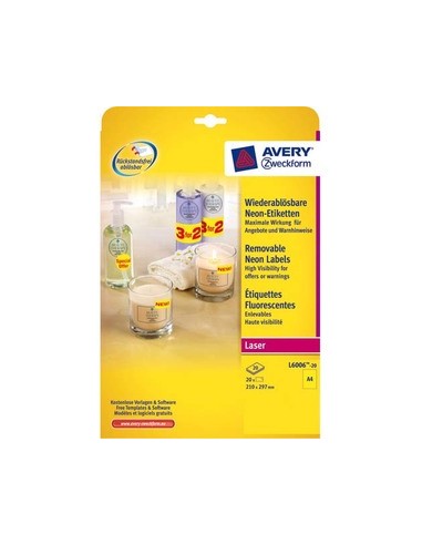 AVERY Boite de 20 etiquettes laser rectangulaires enlevables 21x29,7cm coloris jaune fluo L6006-20