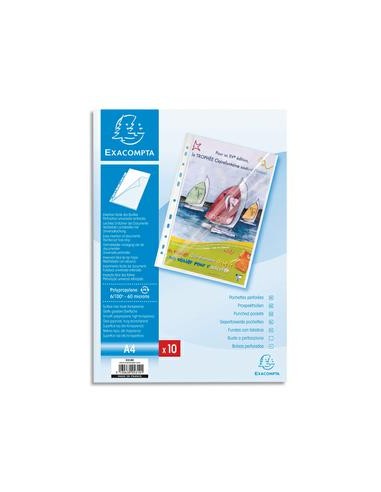 EXACOMPTA Sachet de 10 pochettes perforées A4 PP transparent lisse 6/100. Ouverture en coin toute hauteur