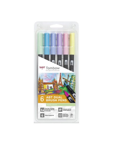 TOMBOW Boîte 6 feutres ABT double pointe (pinceau+fine), assortis couleurs pastels