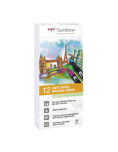 TOMBOW Boîte 12 feutres ABT double pointe (pinceau+fine), assortis couleurs pastels