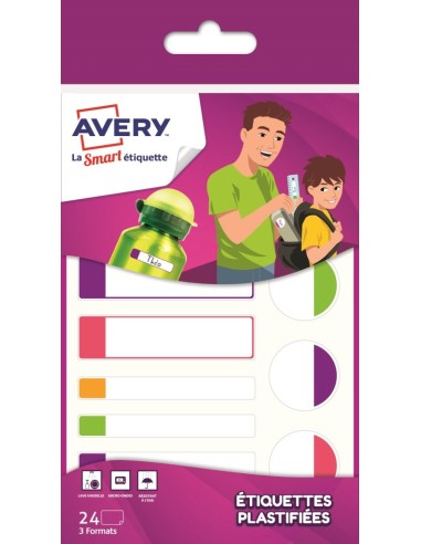 AVERY Boîte de 24 étiquettes plastifiées. 3 formats assortis. Coloris assortis fluorescents