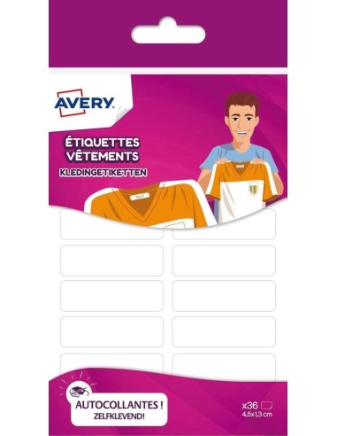 AVERY Blister de 36 étiquettes vêtements autocollantes 13 x 45 mm, coloris Blanc